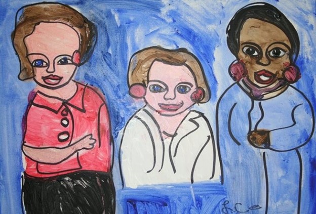 Artwork by Lois Curtis that depicts her and the other two people involved in the Olmstead case. They are smiling and on a blue background.